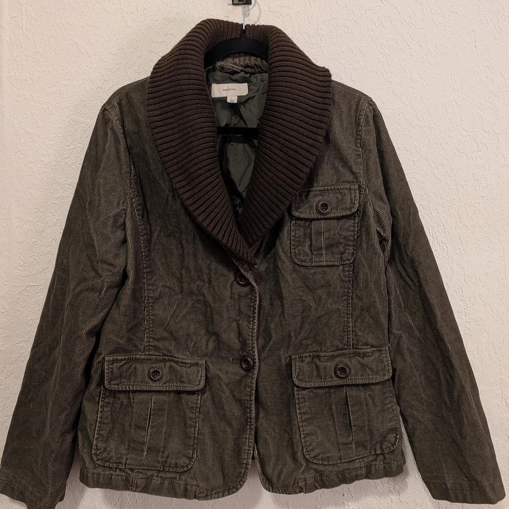 Womens Merona Olive Brown Corduroy Jacket L Excellent Detachable Knit Collar